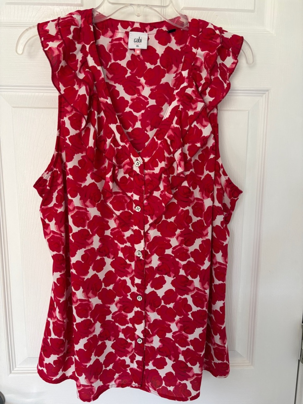 CAbi Red and White Floral Ruffle Button-Front Top